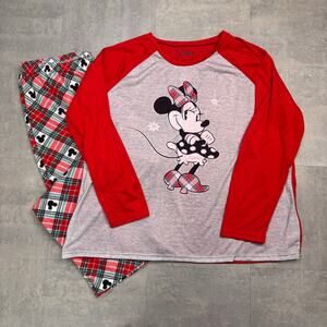 Disney Minnie Mouse Pajamas Set Womens Plus Sz 2X Red Grey Long Sleeve Sleepwear